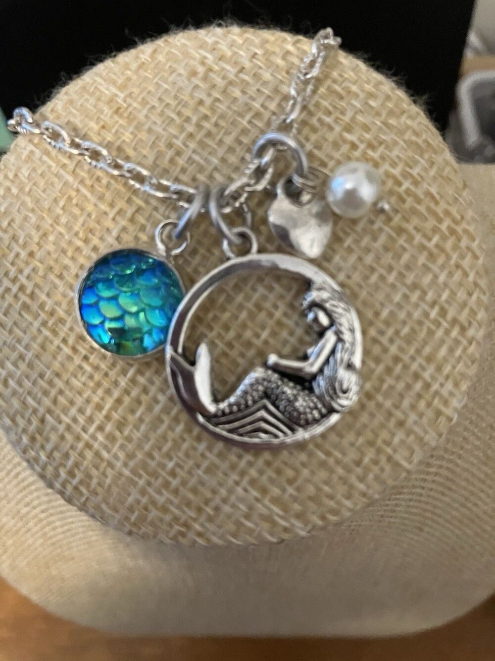 Mermaid Charm Necklace Silver Tone 20” Chain Coastal nautical beach summer
